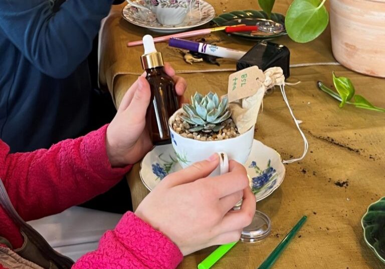 Kids learned how to propogate plants and succulents for their teacup gardens, while learning to find joy in the little things. 